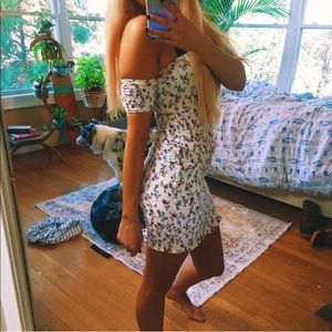 white floral silky bodycon off shoulder stress